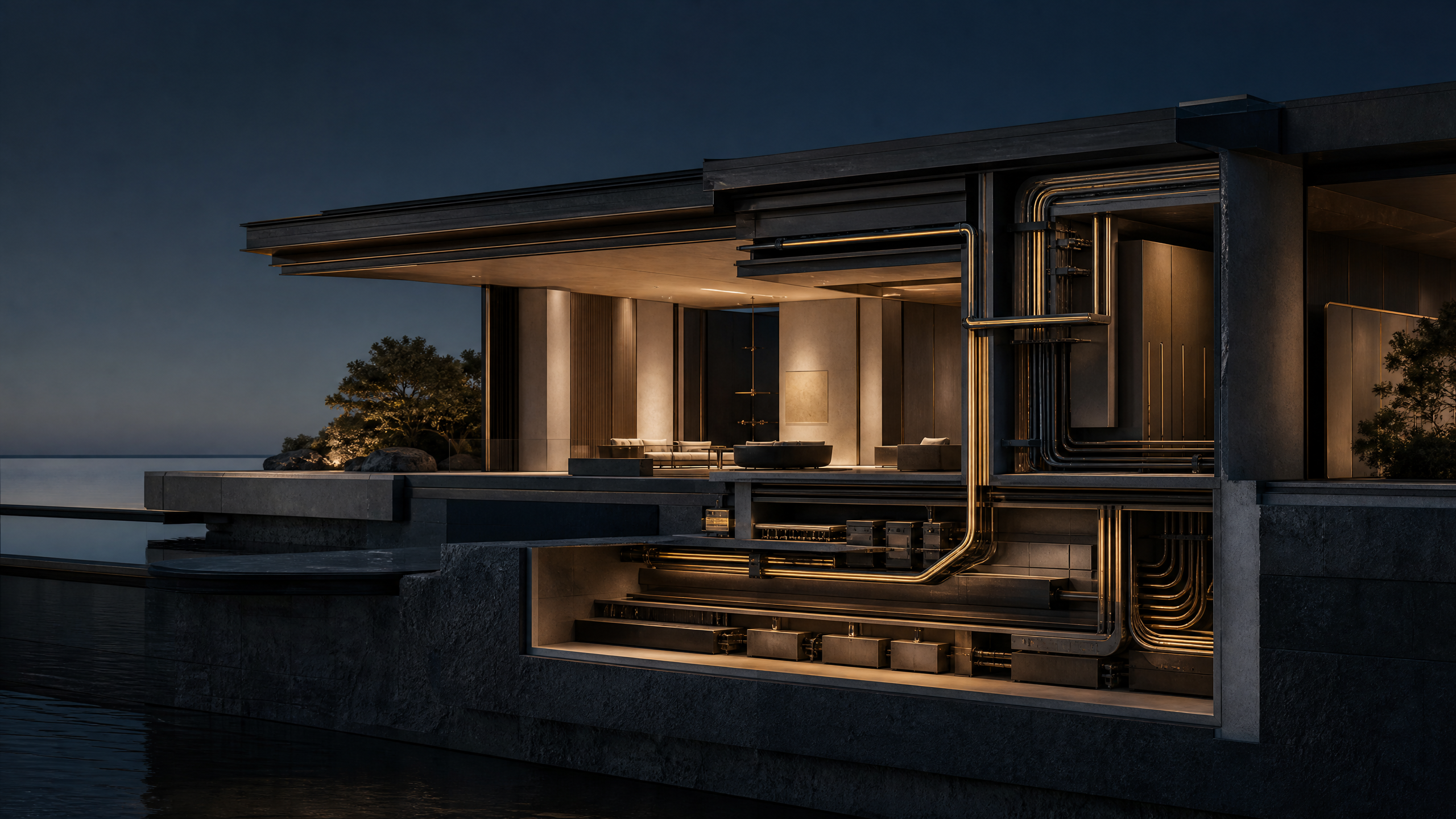 Conceptual architectural cutaway showing integrated physical and digital infrastructure within a refined contemporary structure