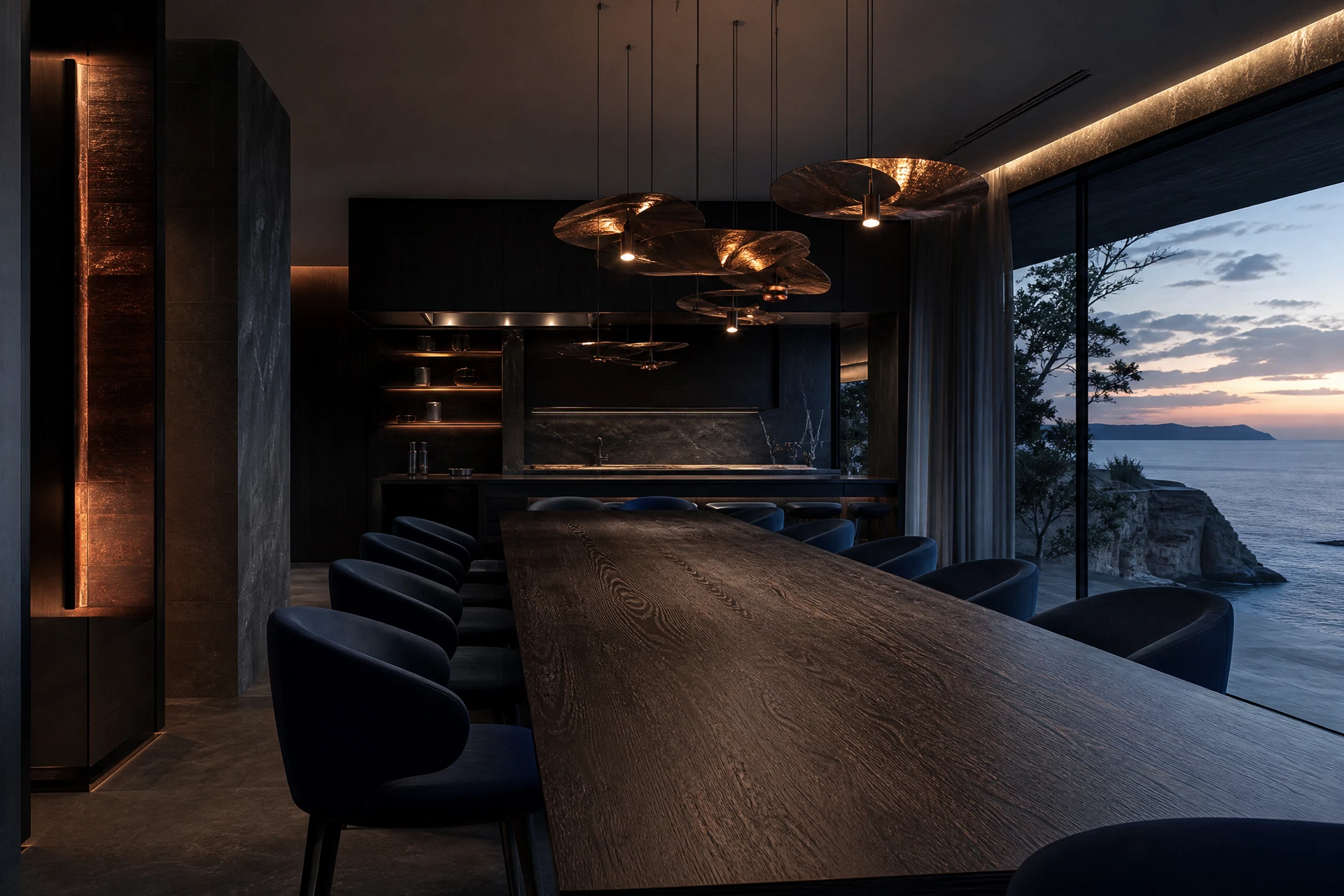 Conceptual culinary conversation setting with a long dining table and warmly lit display kitchen