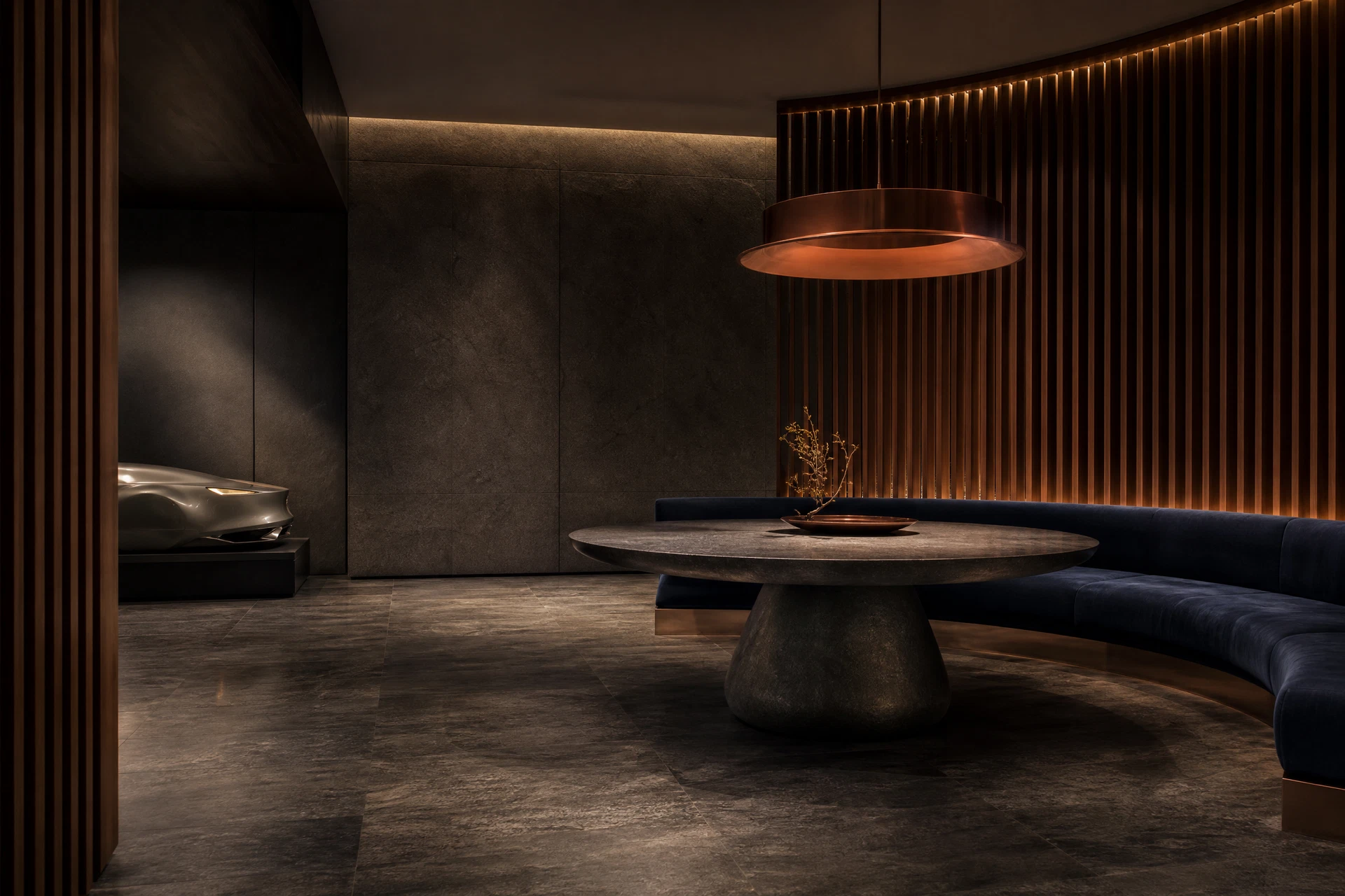Conceptual hospitality arrival salon with charcoal stone, walnut louvers, and midnight-blue banquette seating