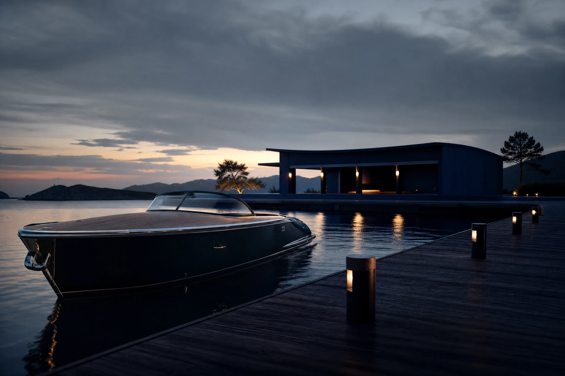 Conceptual twilight waterfront arrival study with a quiet pier, unbranded boat, and low architectural light