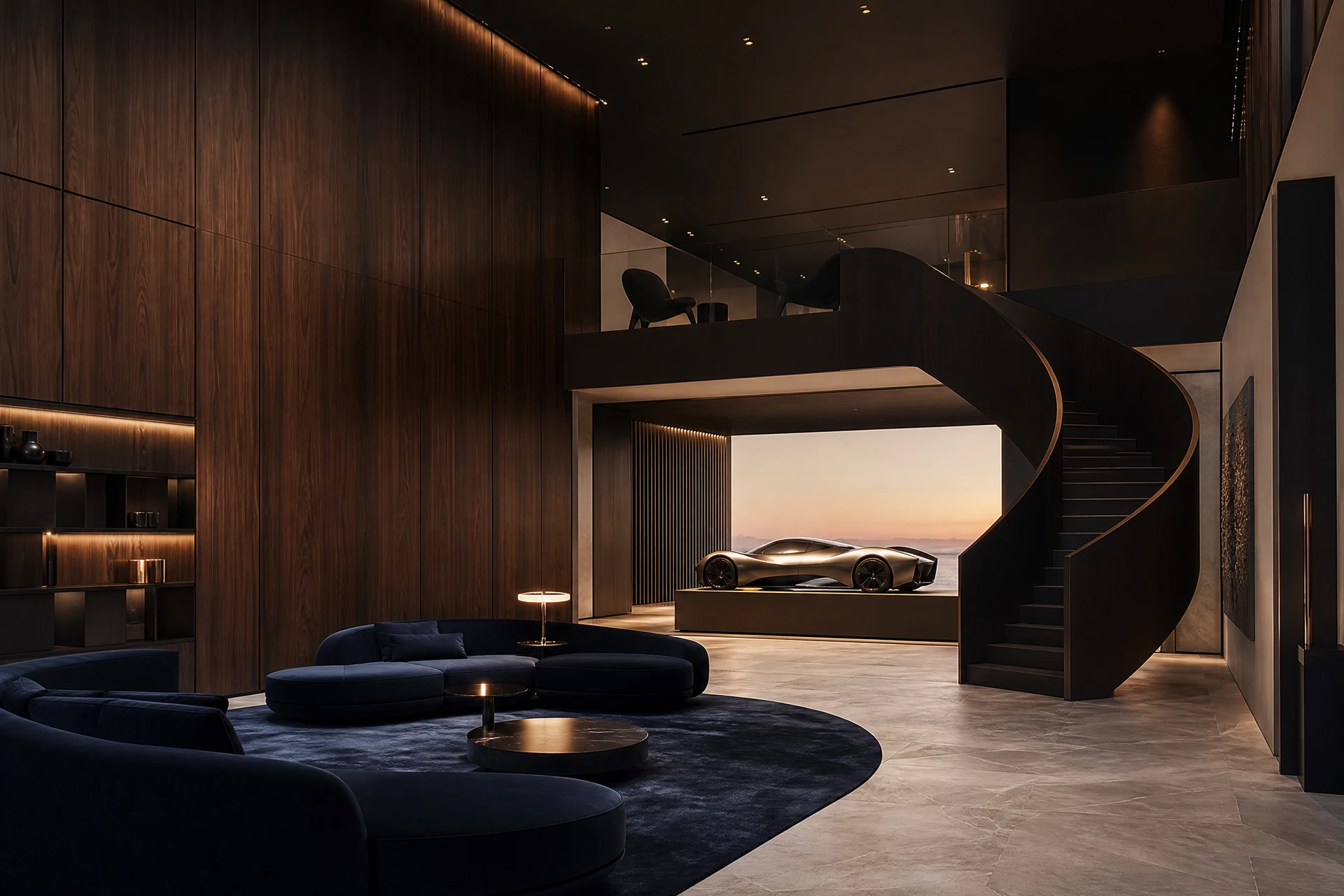 Conceptual double-height residential salon with a curated automotive design object and coastal dusk light
