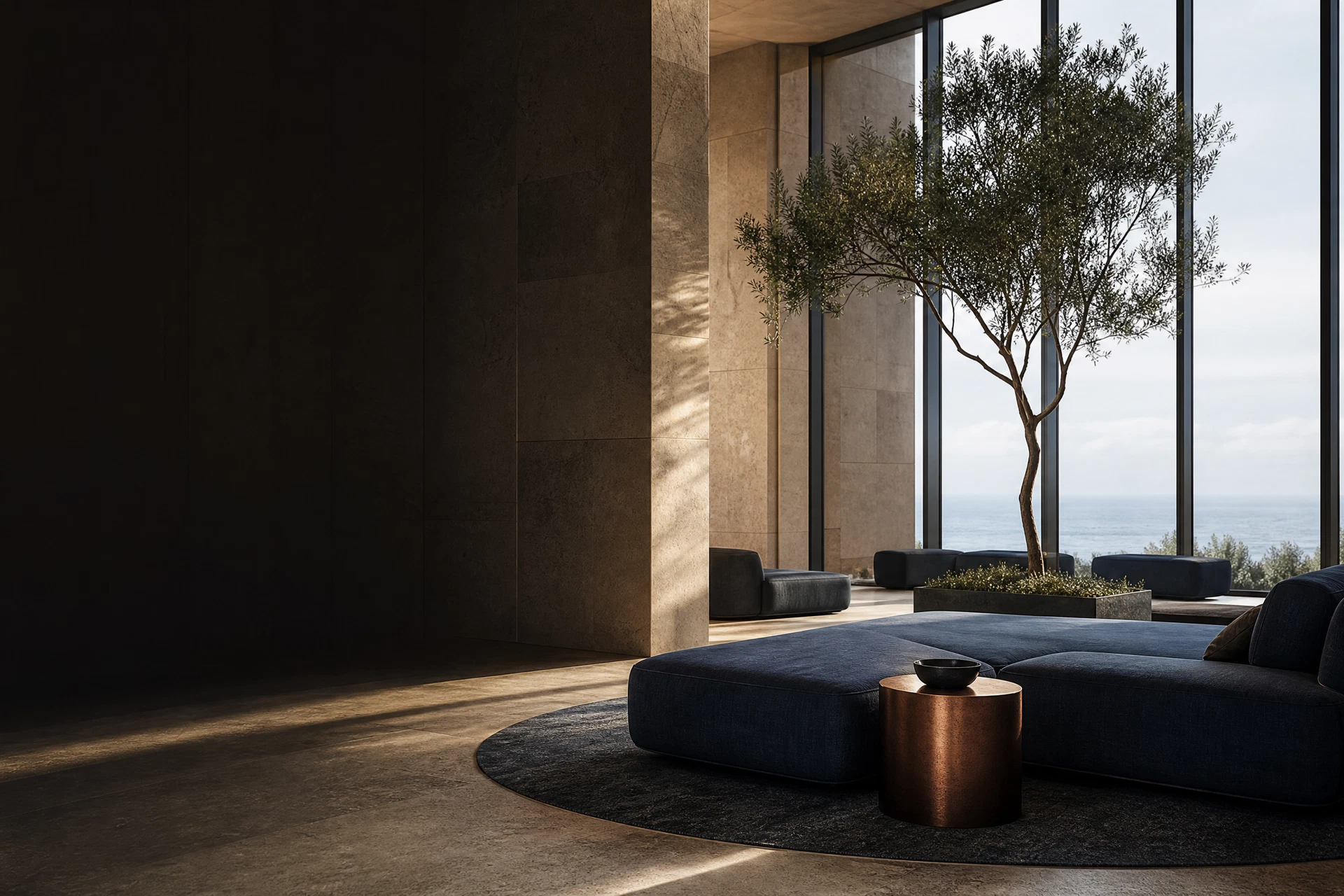 Conceptual wellness-oriented quiet room with coastal light and refined lounge seating