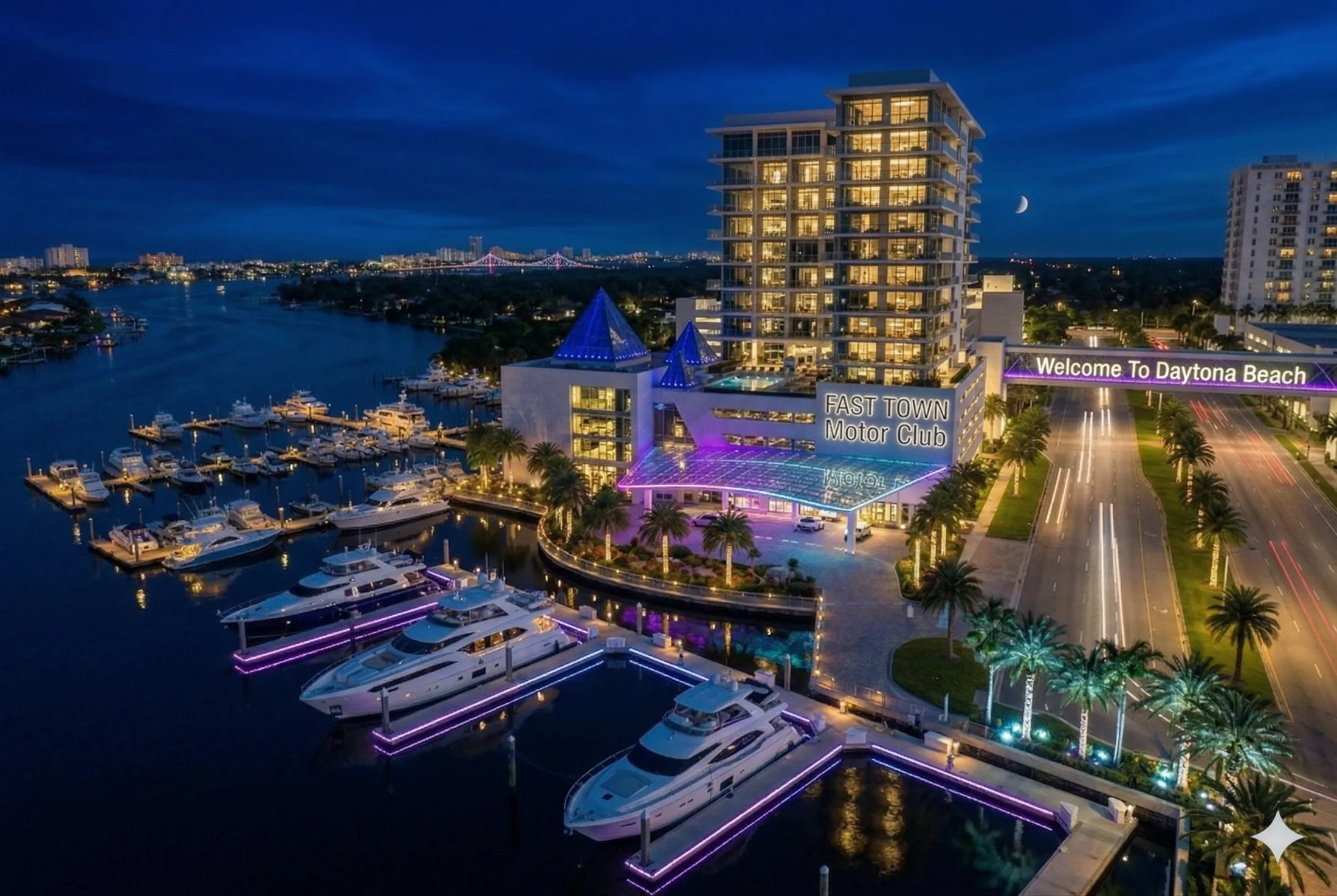 Conceptual waterfront marina with boats and hospitality architecture