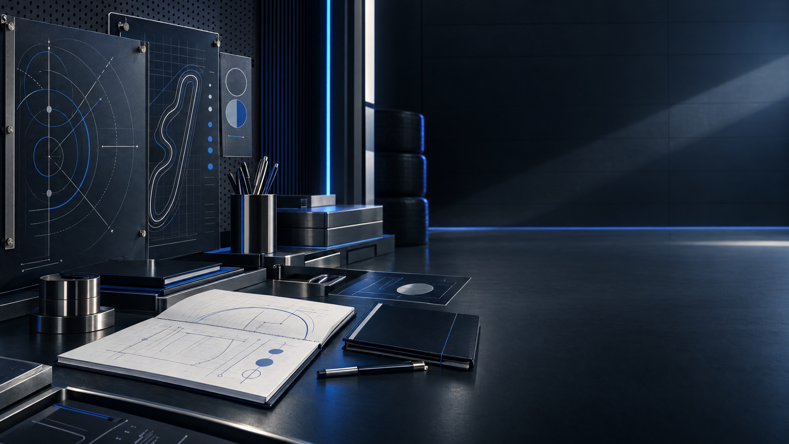 Original editorial illustration of an empty fictional technical workspace with abstract strategy panels and decision geometry; not a depiction of Beth Paretta or an actual team.