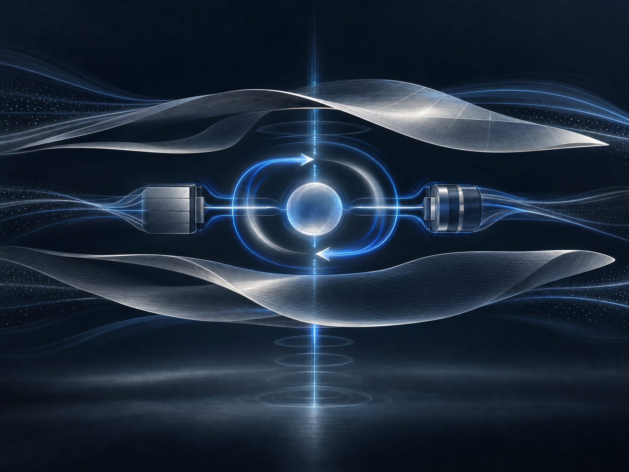 Original abstract illustration of neutral energy-flow and aerodynamic concepts; not an actual car or team.