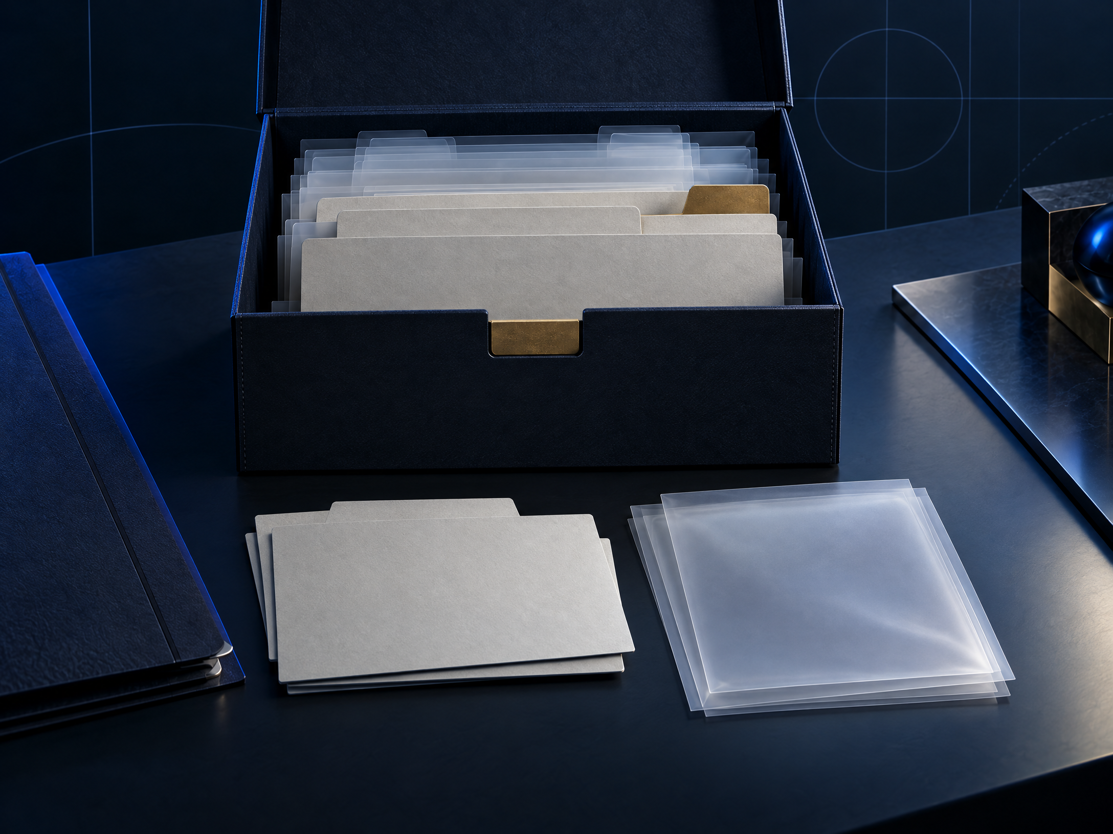 Cropped conceptual view of blank archival dividers and unmarked sleeves, representing questions still open in a vehicle file.