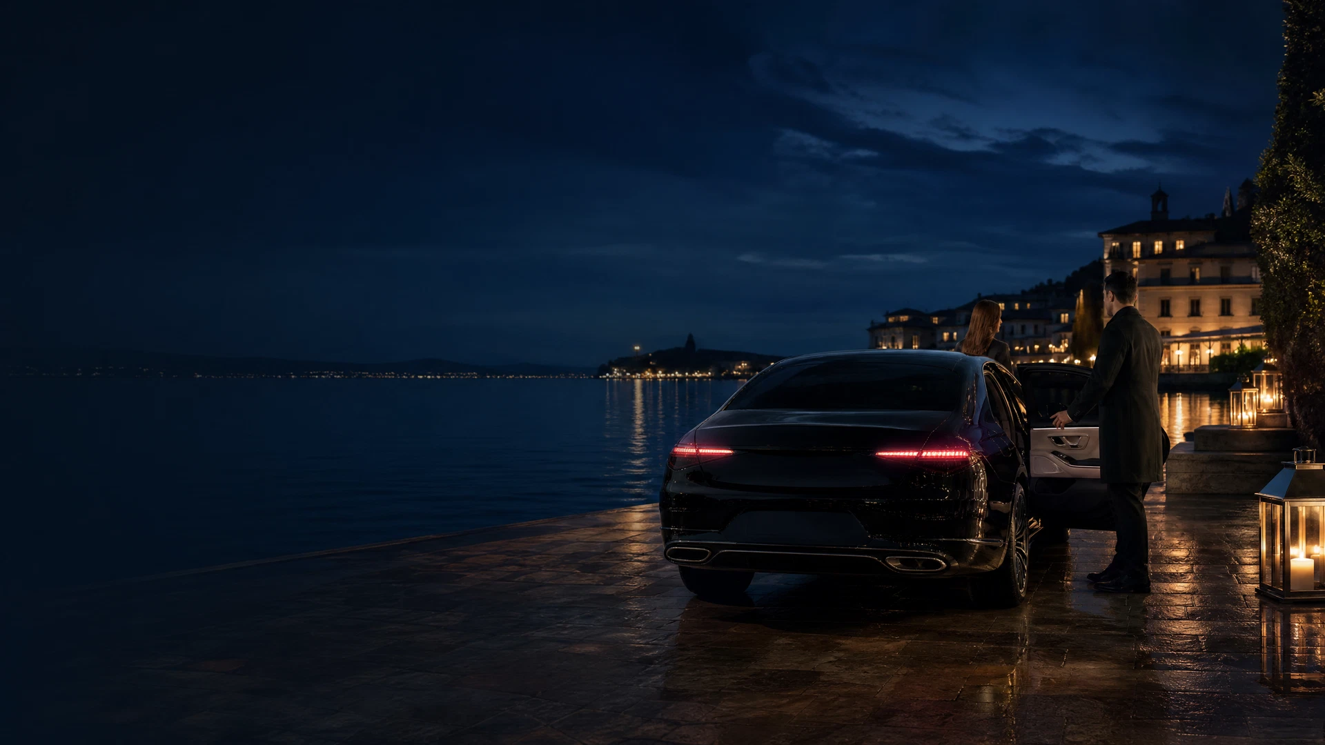 Refined automotive arrival at a waterfront hospitality setting