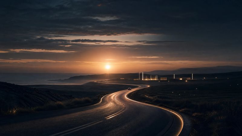 Fast Town's current LinkedIn post visual showing a winding illuminated road at sunset.