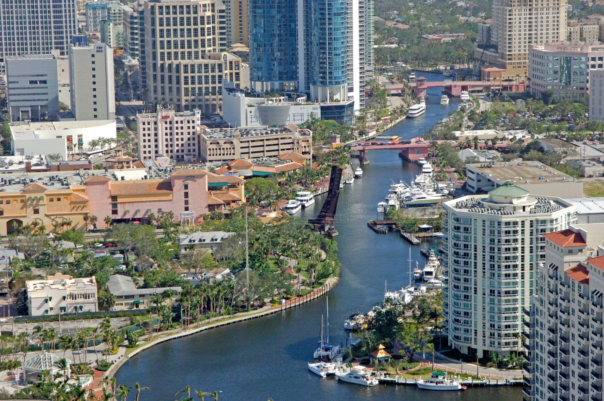 Aerial view of Fort Lauderdale’s New River and downtown waterfront