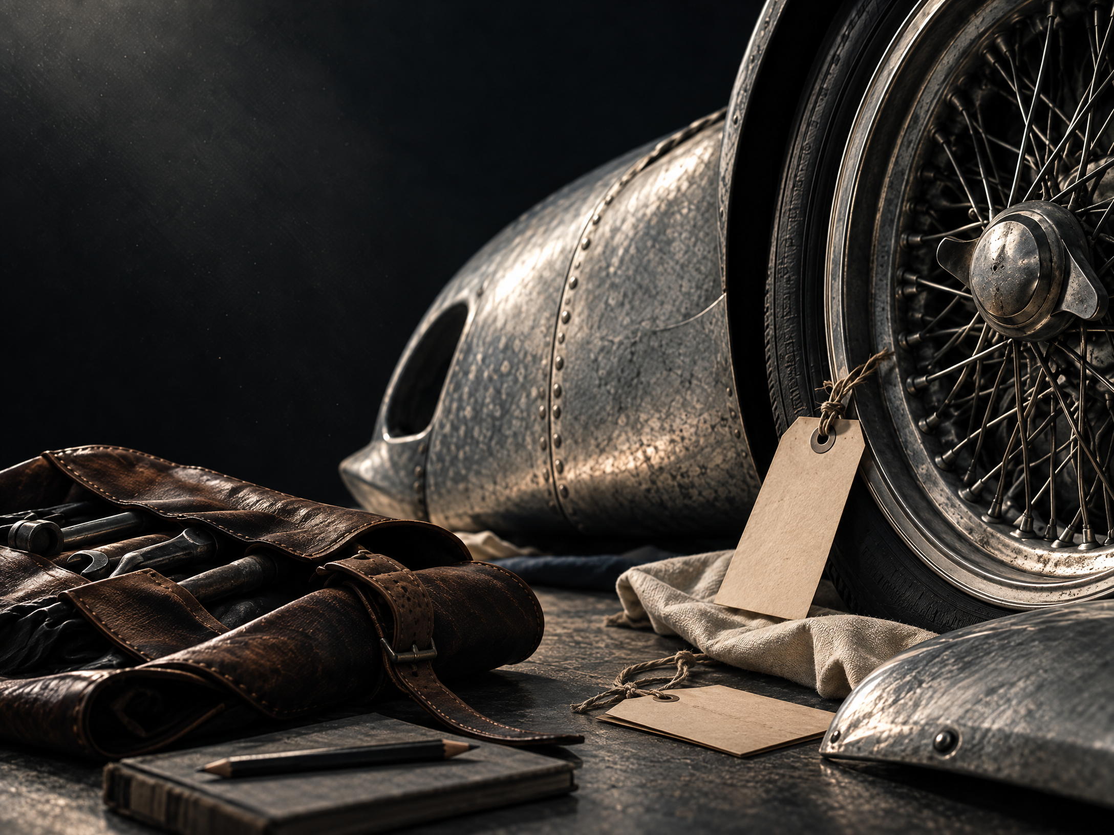 Original editorial illustration of anonymous historic racing-machine details and non-readable record-keeping materials.