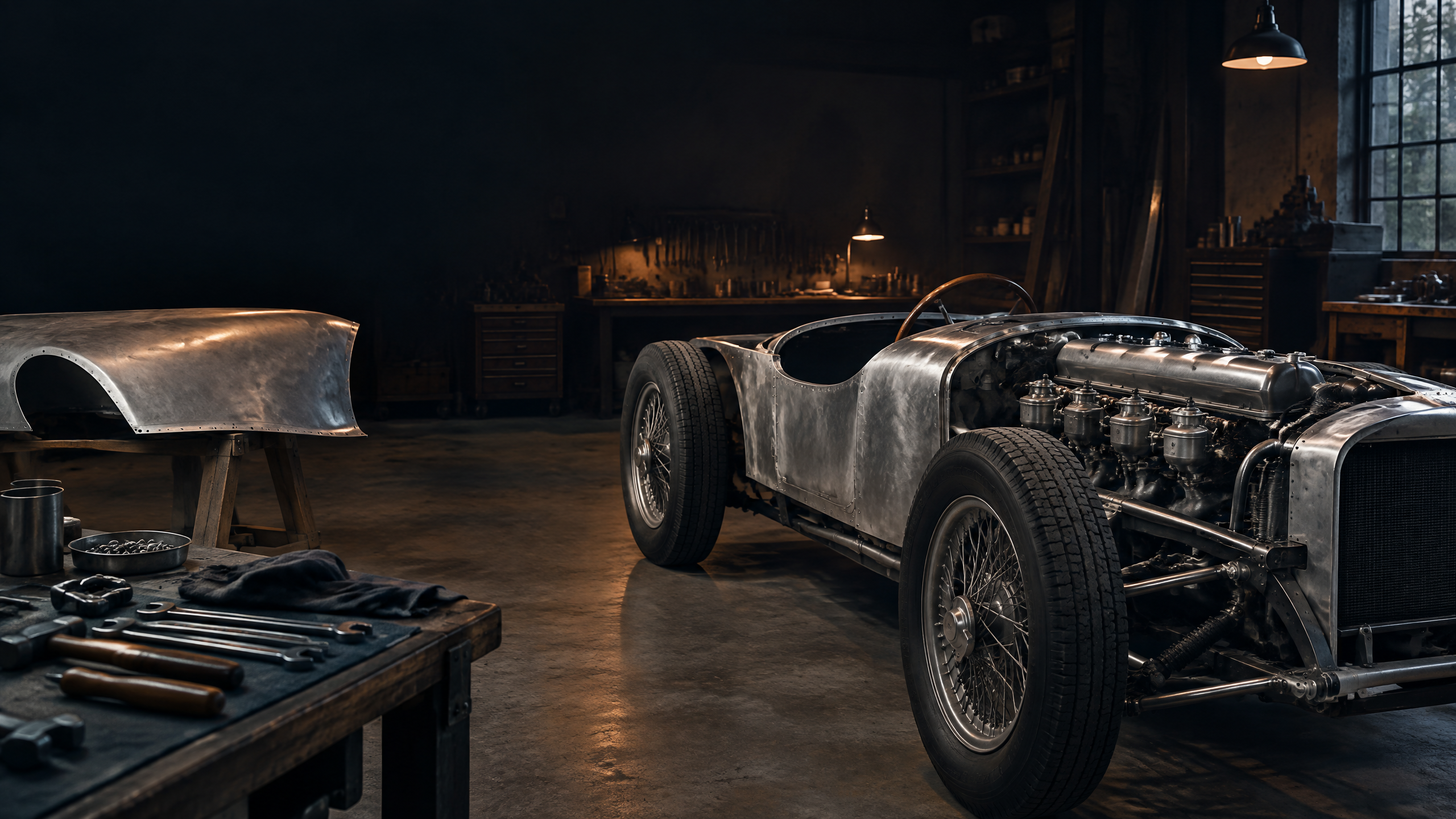 Original editorial illustration of a fictional historic roadster restoration workshop with unbranded aluminum bodywork and an anonymous open chassis.