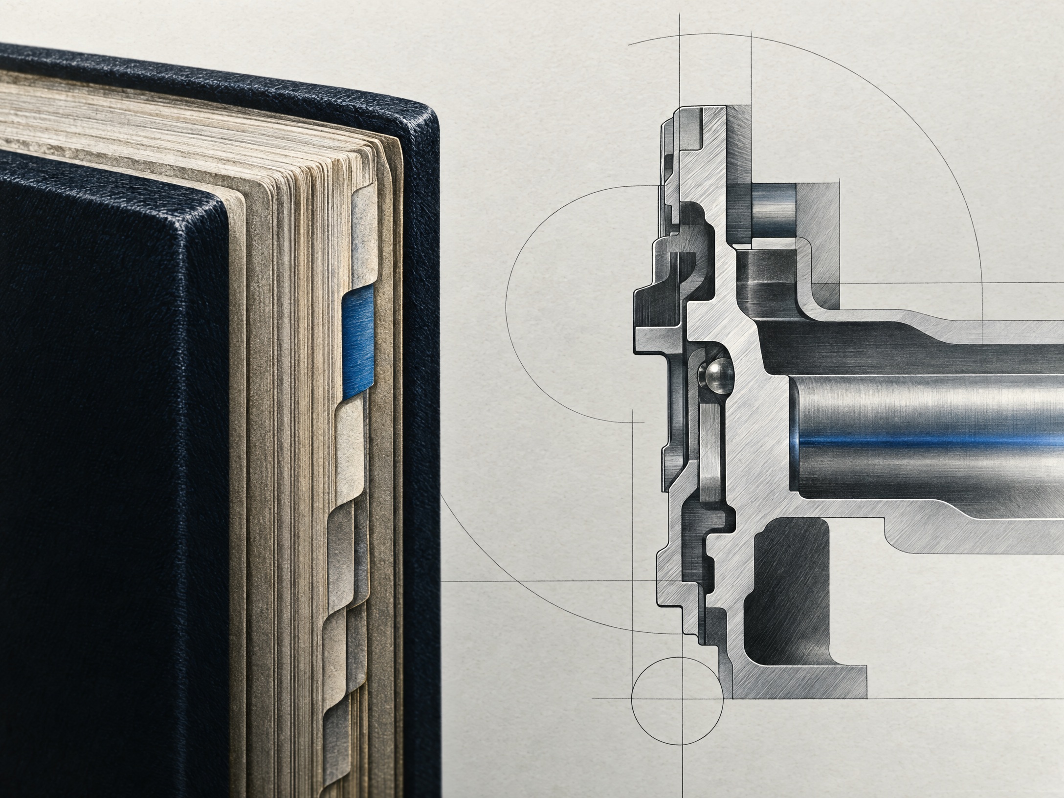 Original editorial illustration of a fictional ledger detail and mechanical-section line; not a title document, engine, VIN, or mechanical record for the subject vehicle.