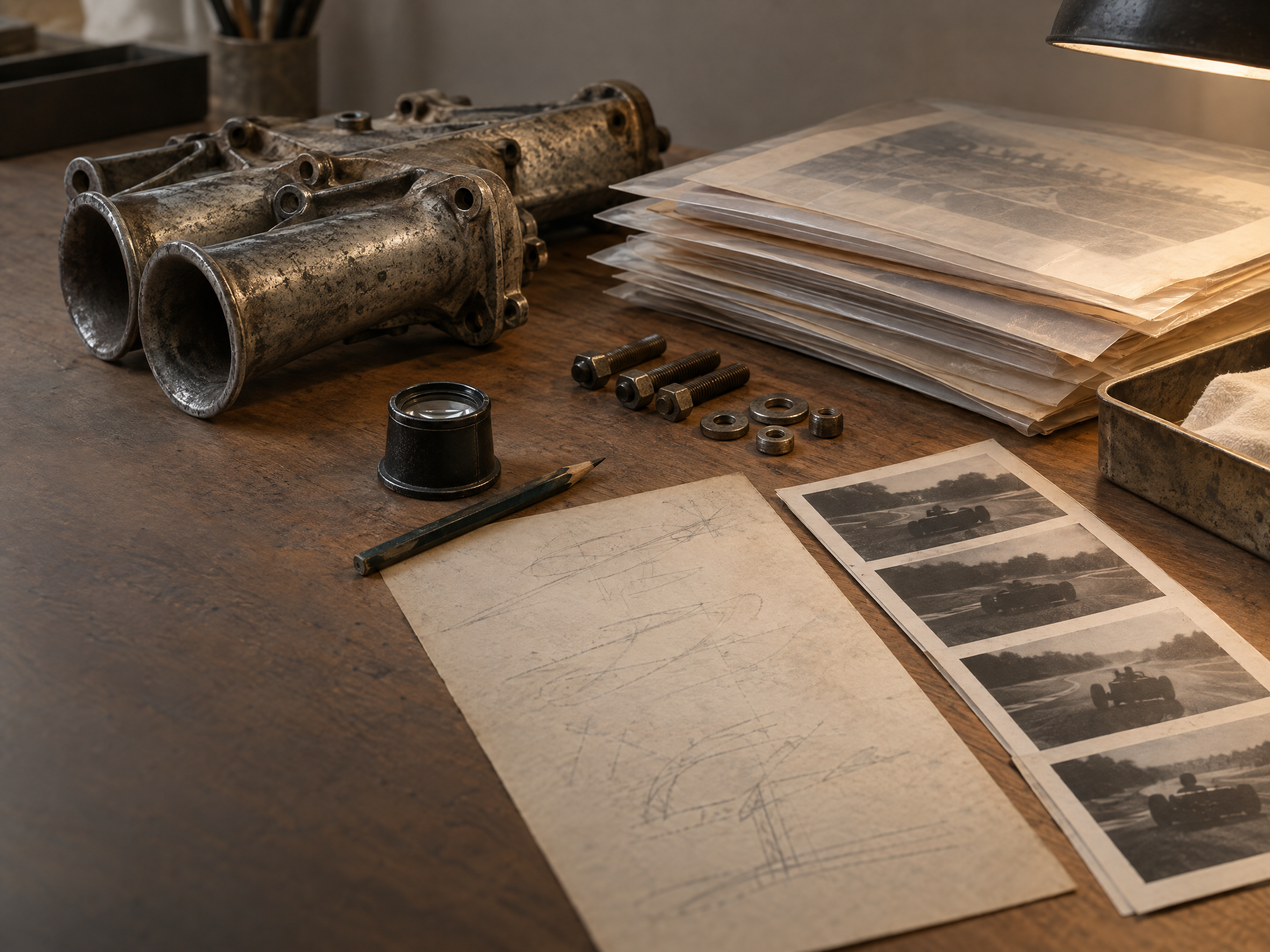 Original editorial illustration of condition notes, archival paper, and a generic historic vehicle detail; not documentation from the cited Mercedes-Benz SSK.