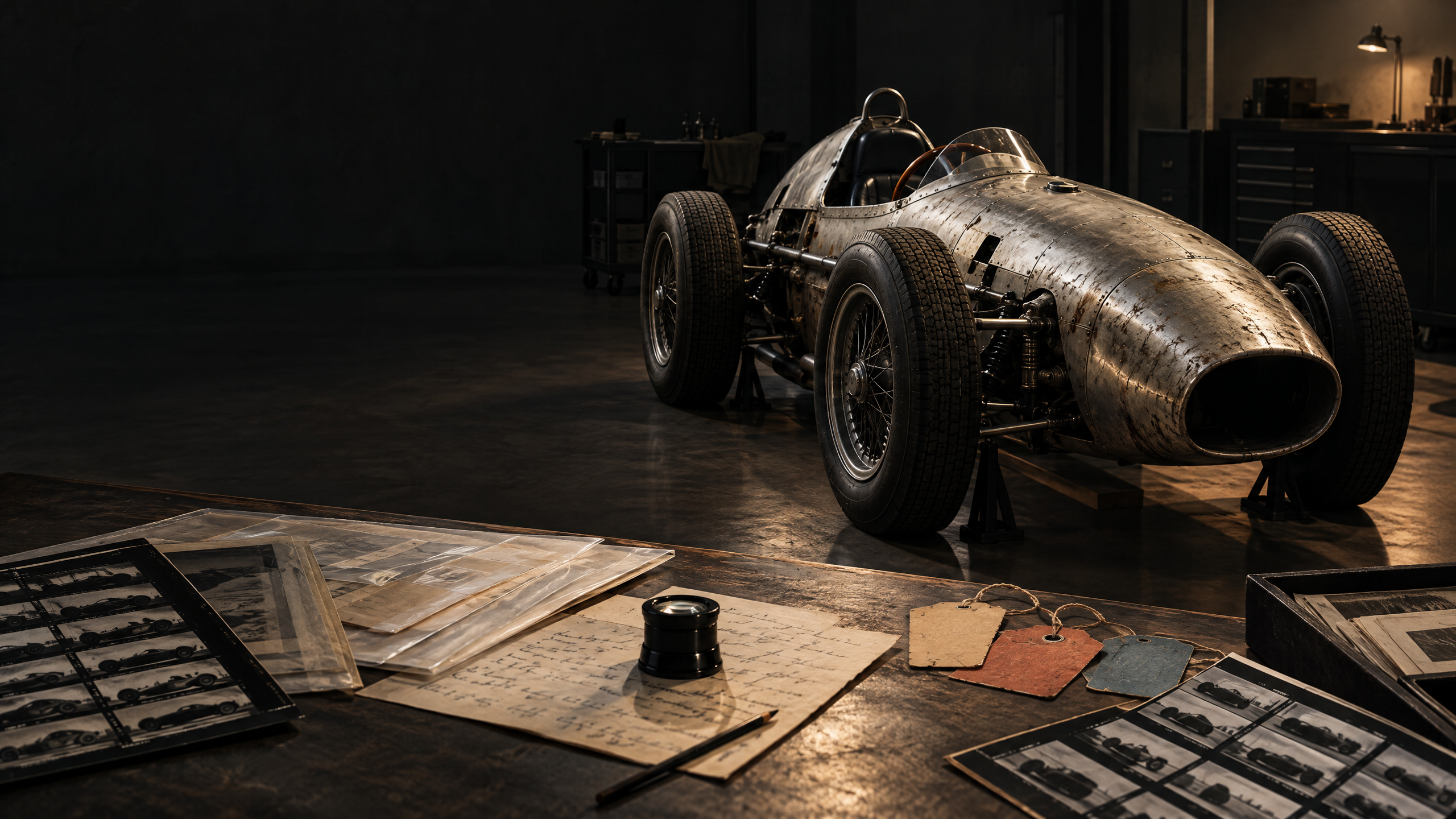 Original editorial illustration of a historic competition-car silhouette, archival-document forms, and a trophy-like plinth; not a photograph of the Mercedes-Benz SSK discussed in the article.