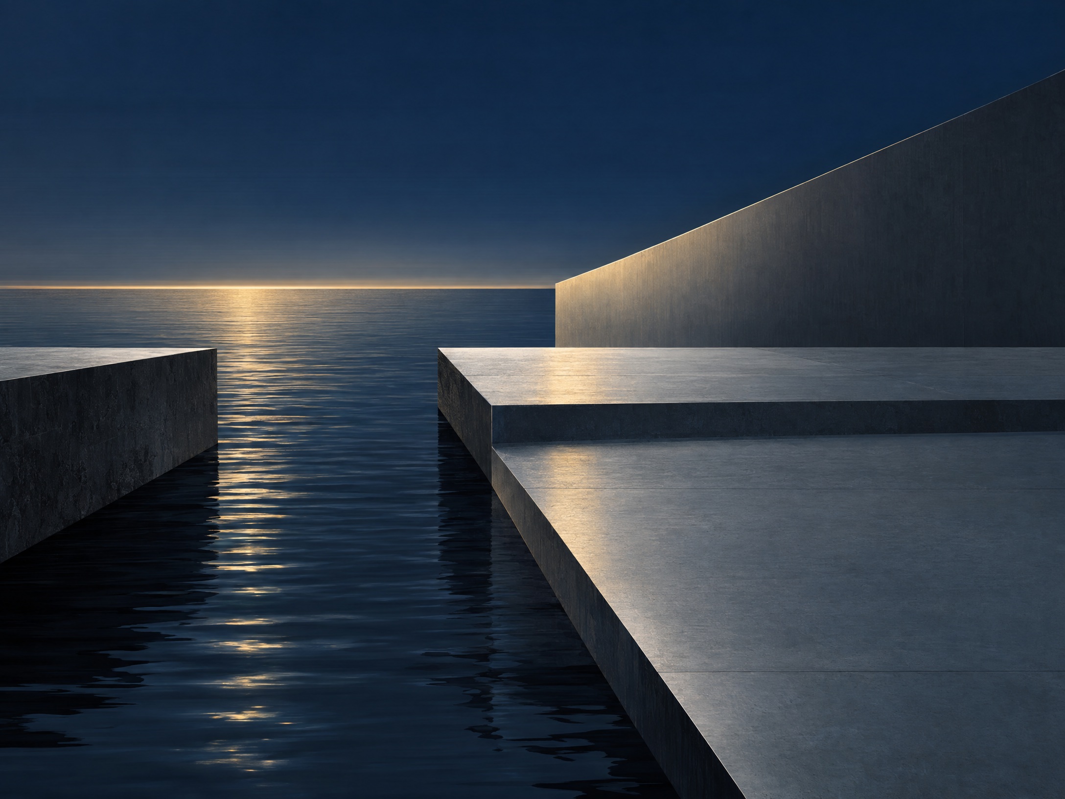 Original editorial illustration of fictional water, shoreline material, and an incomplete connection representing framework before destination; not a project rendering or real marina.