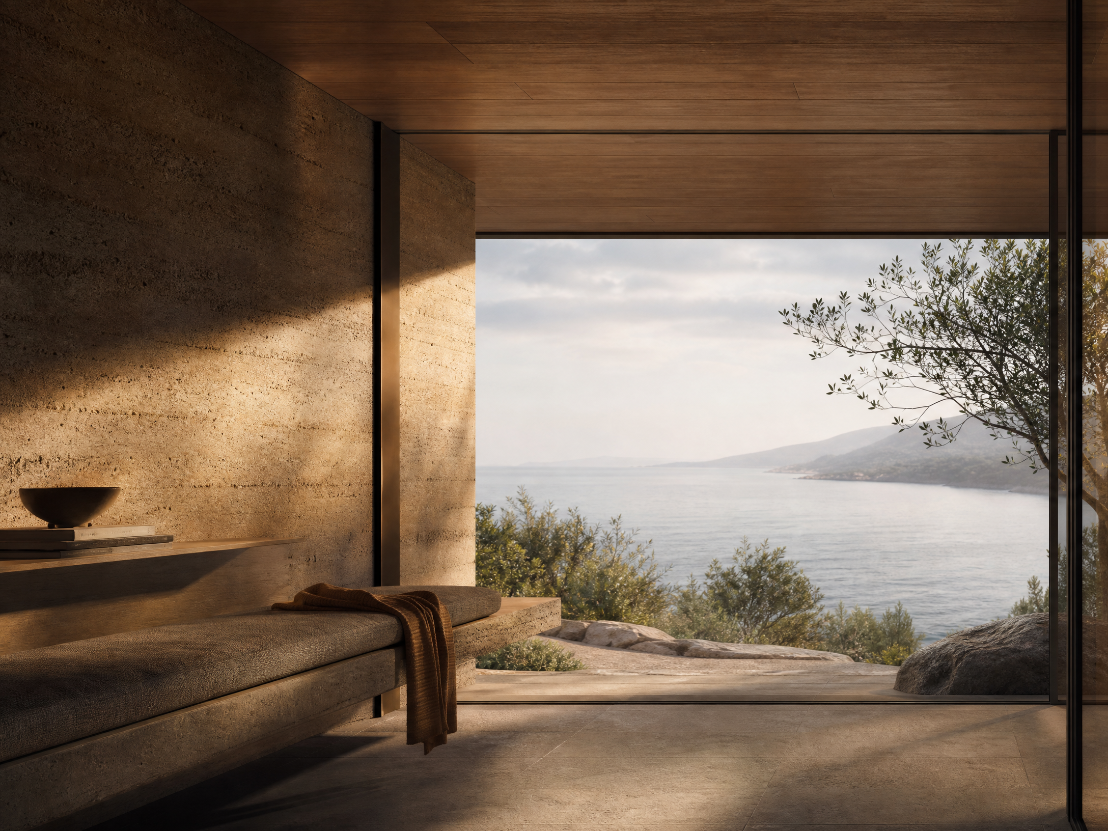 Original editorial illustration of an imagined coastal interior threshold shaped by shade, mineral walls, and a water view; not a real residence.