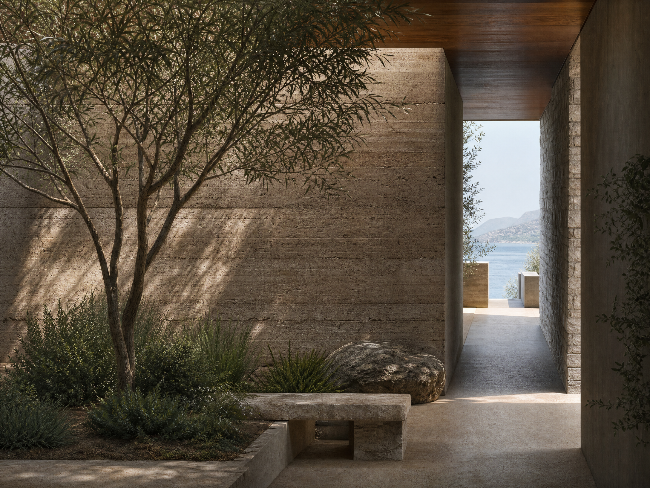 Original editorial illustration of an imagined coastal courtyard with textured walls, planting, and a distant water view; not an image of the cited BIG project.