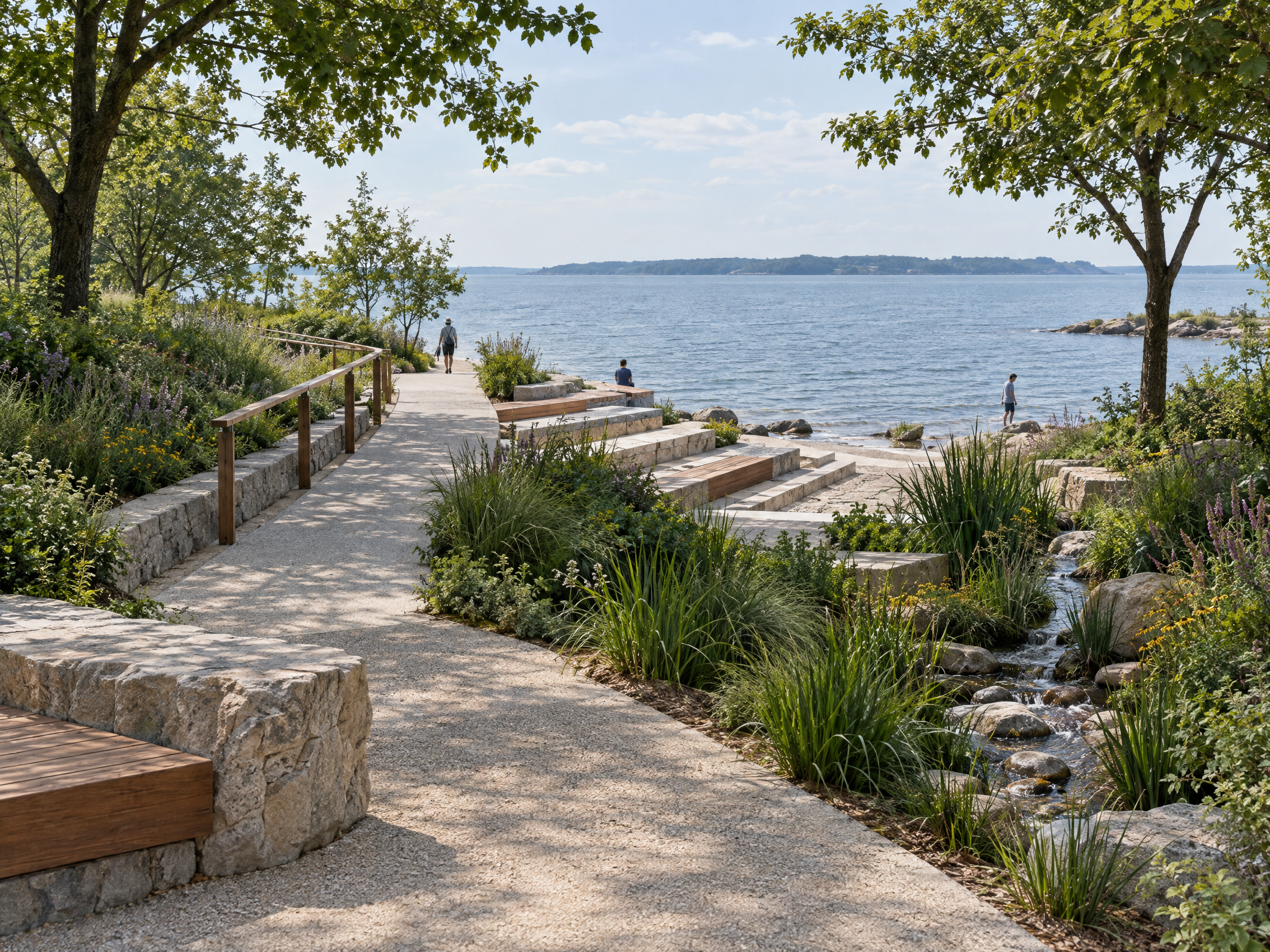 Original architectural editorial illustration of an accessible shoreline path, native planting, and a rain-garden channel.