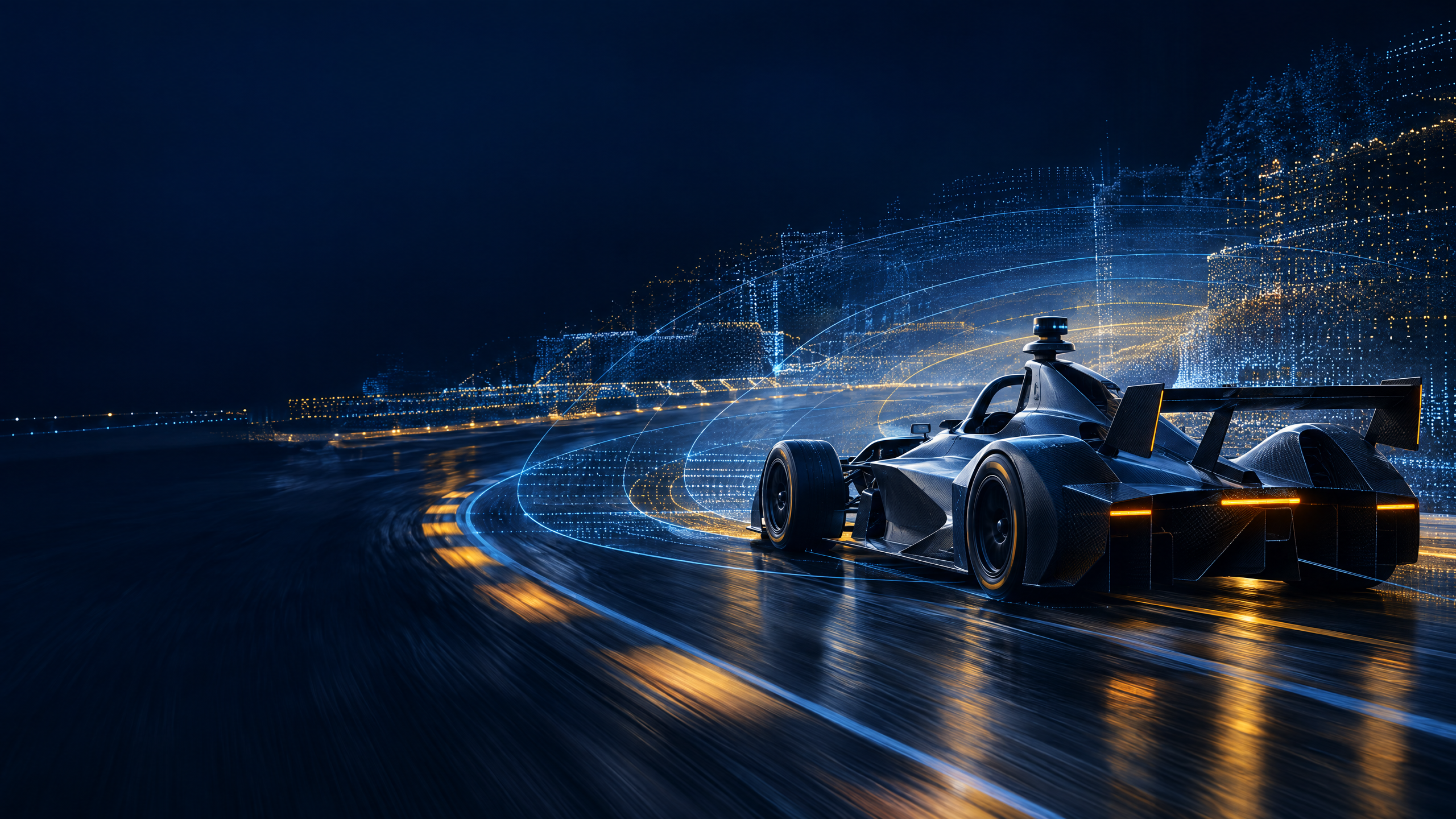 Original editorial illustration of a fictional empty-cockpit prototype race car on an abstract night circuit with sensor traces.