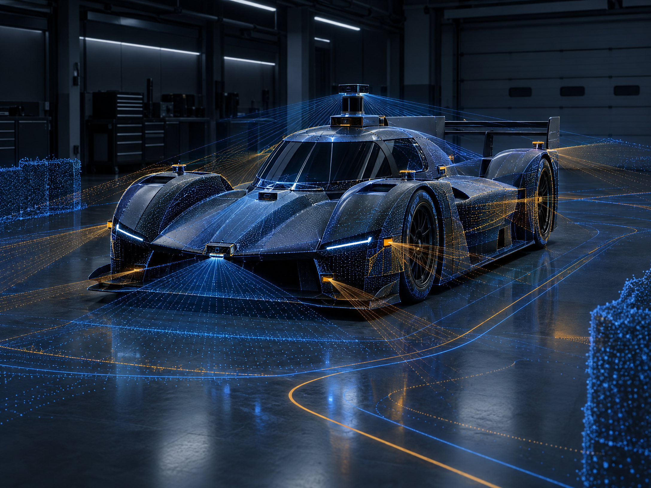 Original editorial illustration of a fictional prototype race car and non-readable sensing geometry in a technical garage.