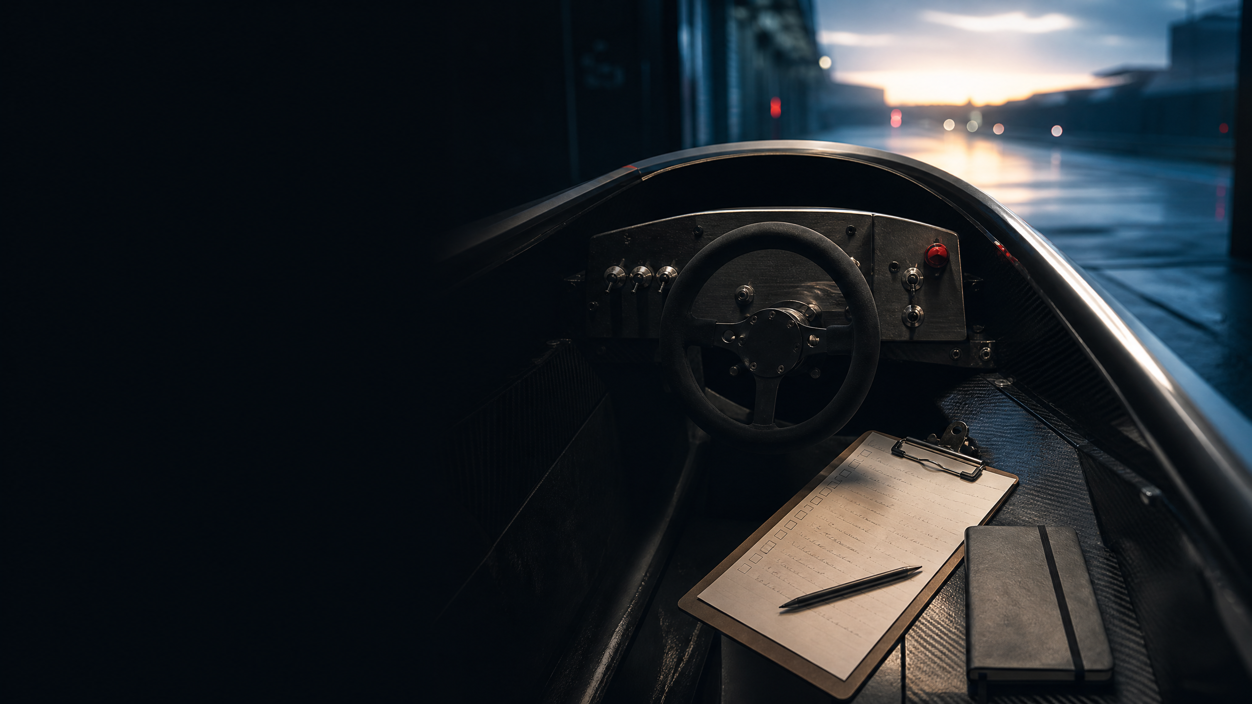 Original editorial illustration of an anonymous competition cockpit, checklist, and controls; not a Porsche vehicle, driver, or racing event.