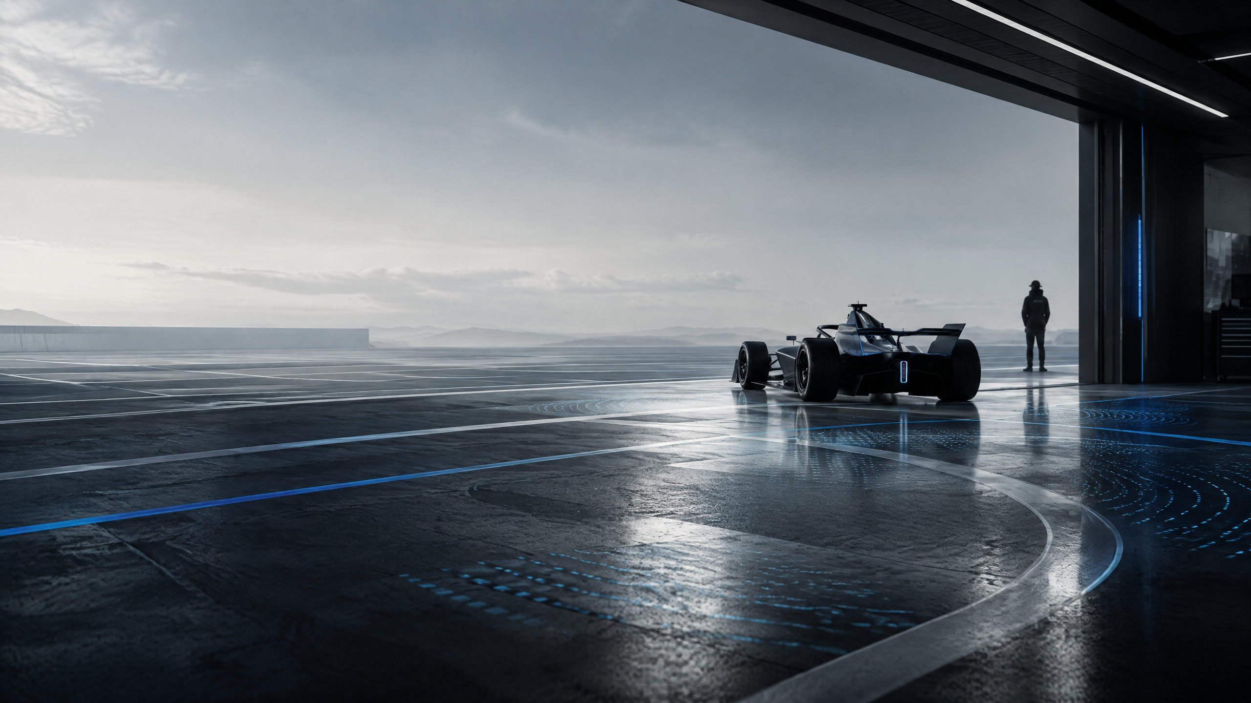 Original conceptual illustration of an anonymous motorsport silhouette in a fictional engineering test environment.
