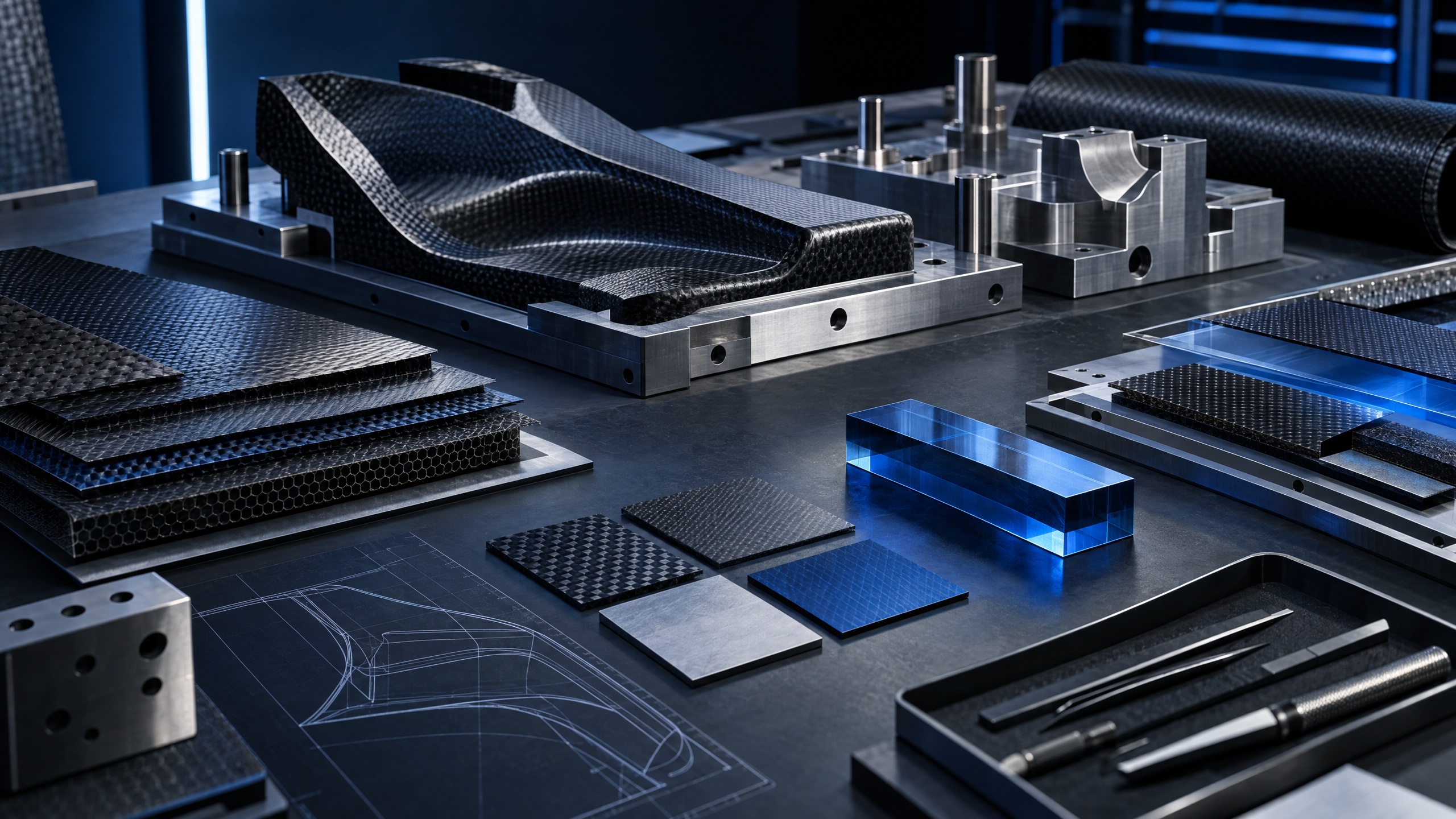 Original editorial illustration of a fictional technical worktable with anonymous layered material samples and precision-tool forms; not an MIA CTS, Silverstone, exhibitor, vehicle, product, or event image.