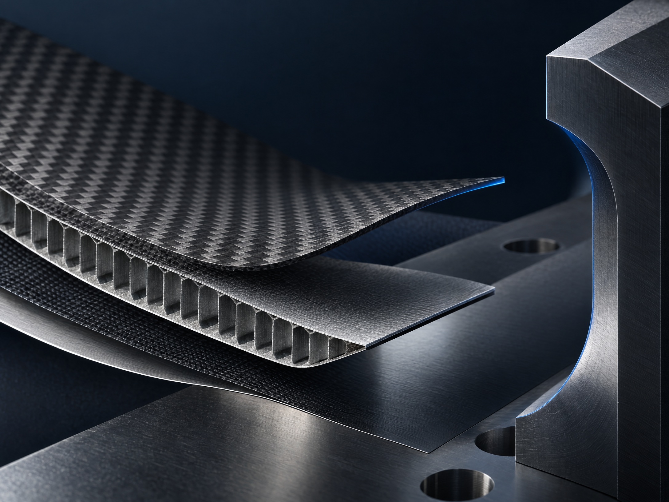 Original editorial illustration of fictional anonymous material layers and tooling geometry; not an MIA CTS, Silverstone, product, exhibitor, or technical specification.