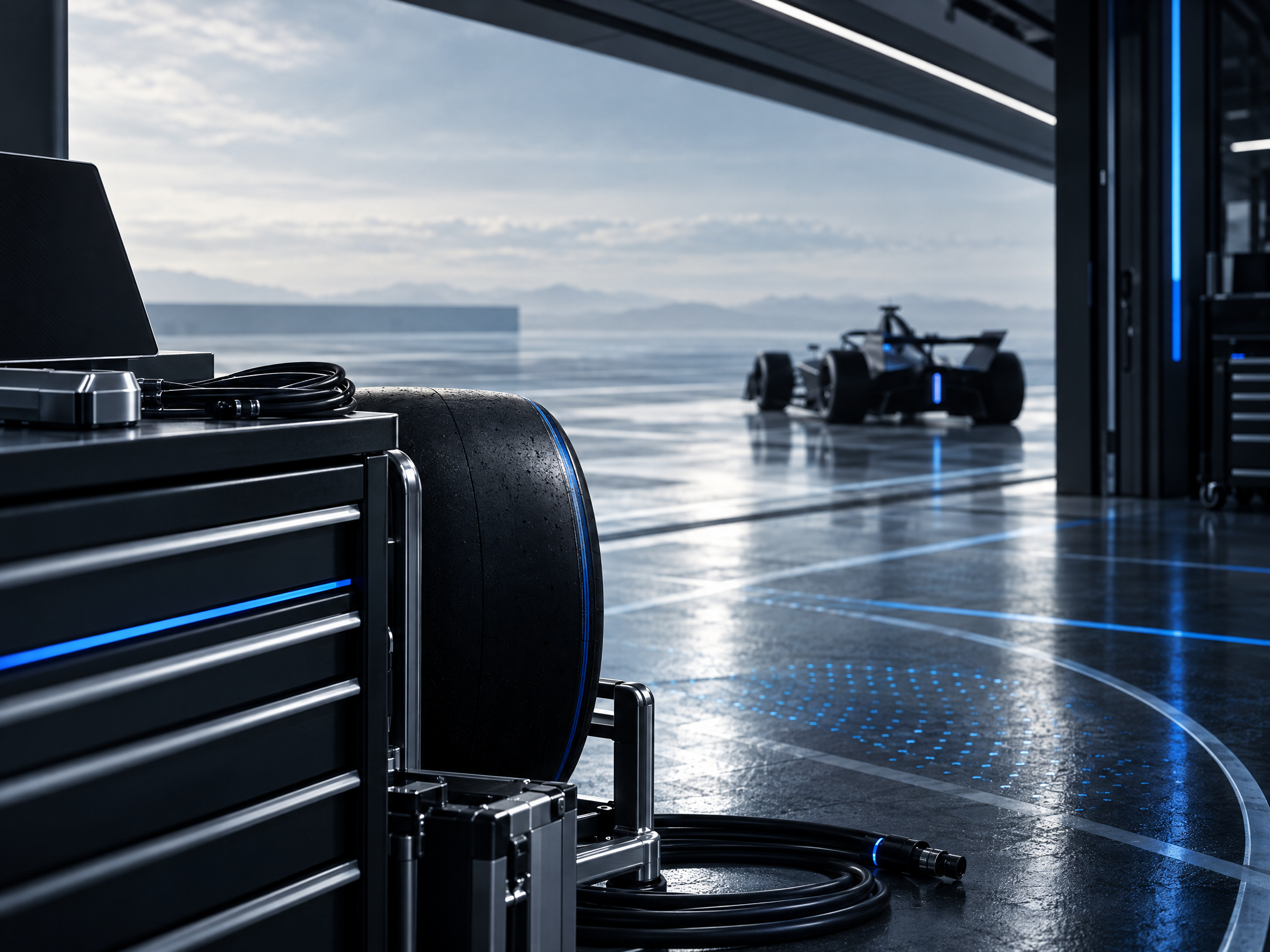 Original conceptual illustration of a fictional performance-system detail with anonymous vehicle geometry and non-readable light patterns.