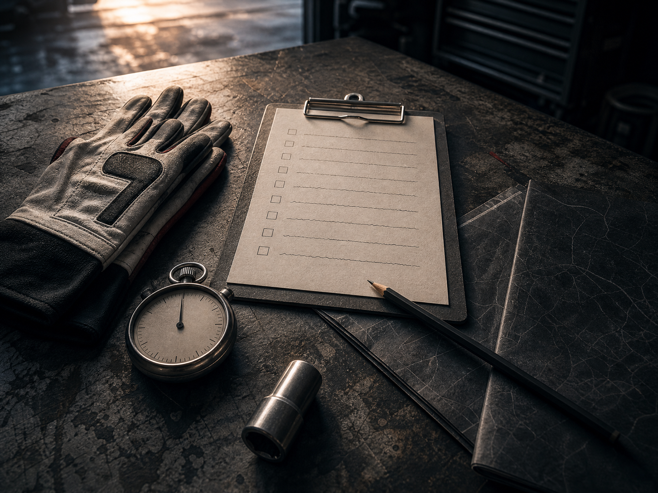Original editorial illustration of generic race-preparation tools, glove, stopwatch, and blank checklist; not equipment from a named team or event.