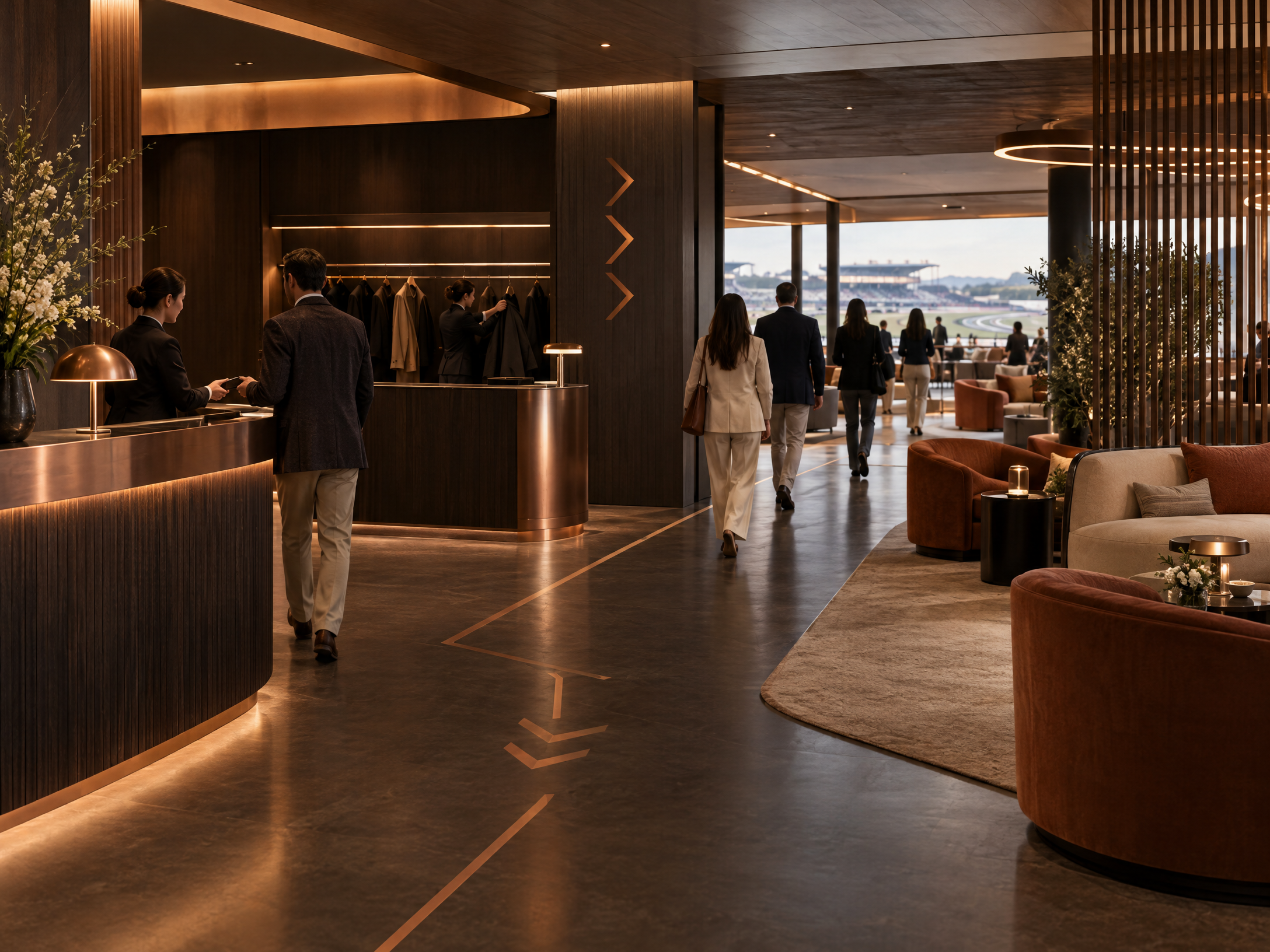 Original editorial illustration of a fictional hospitality interior designed around a clear guest journey.