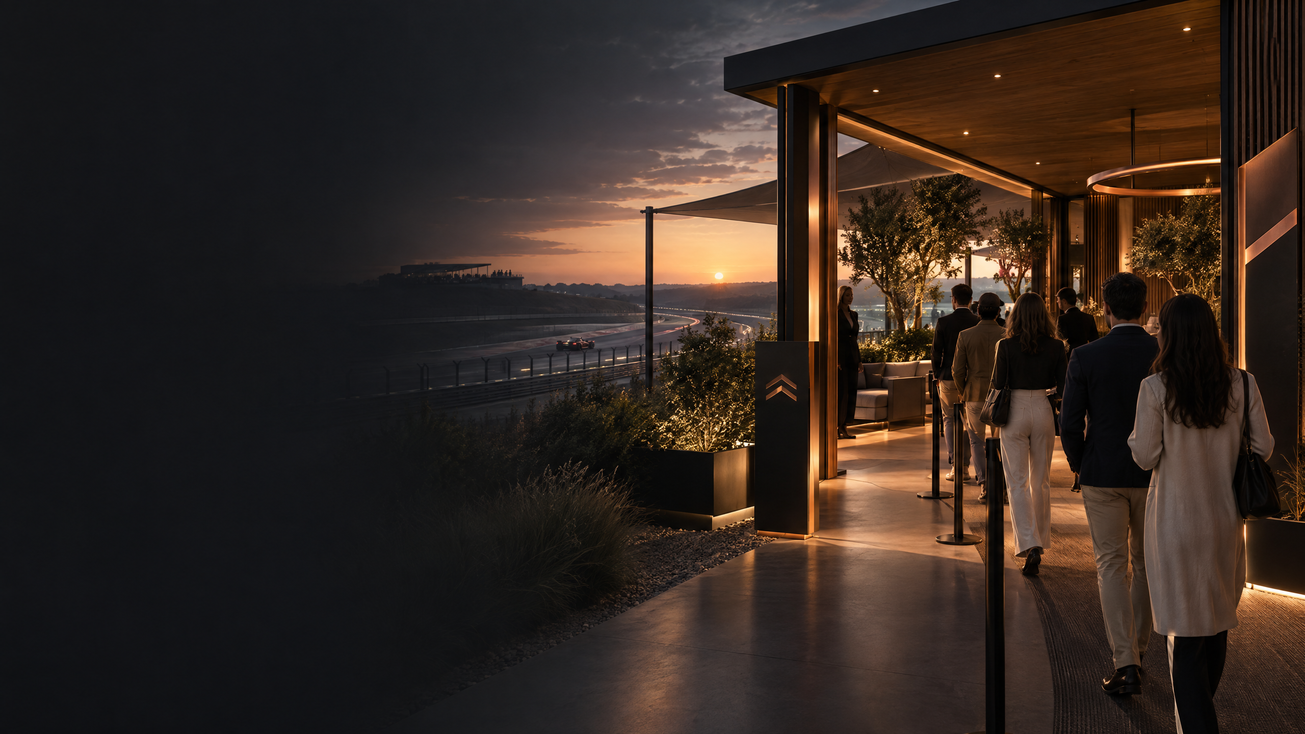 Original editorial illustration of a refined automotive hospitality arrival at dusk, with guests gathering beside a fictional trackside setting.