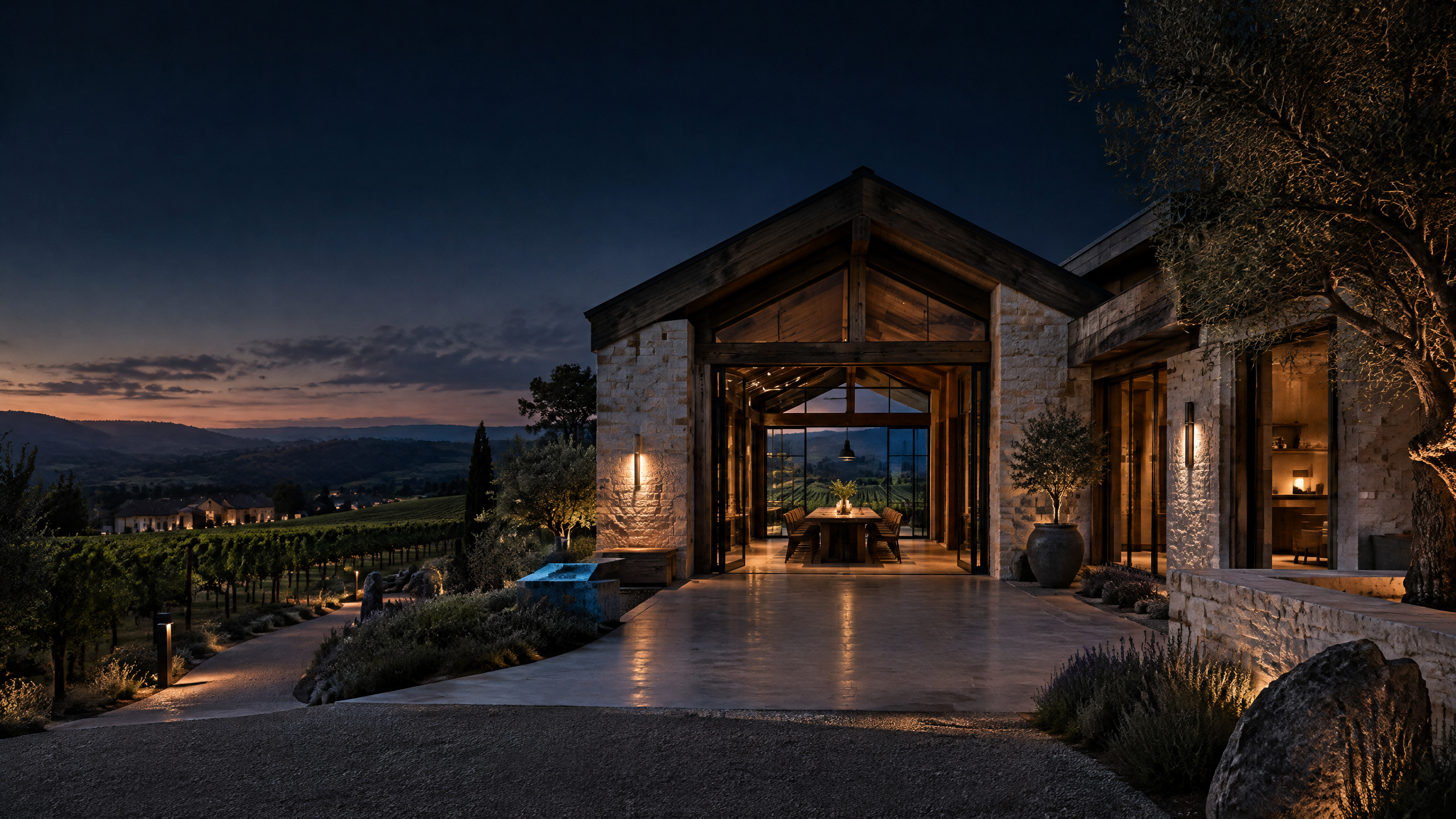 Original editorial illustration of a fictional wine-country hospitality threshold at twilight.