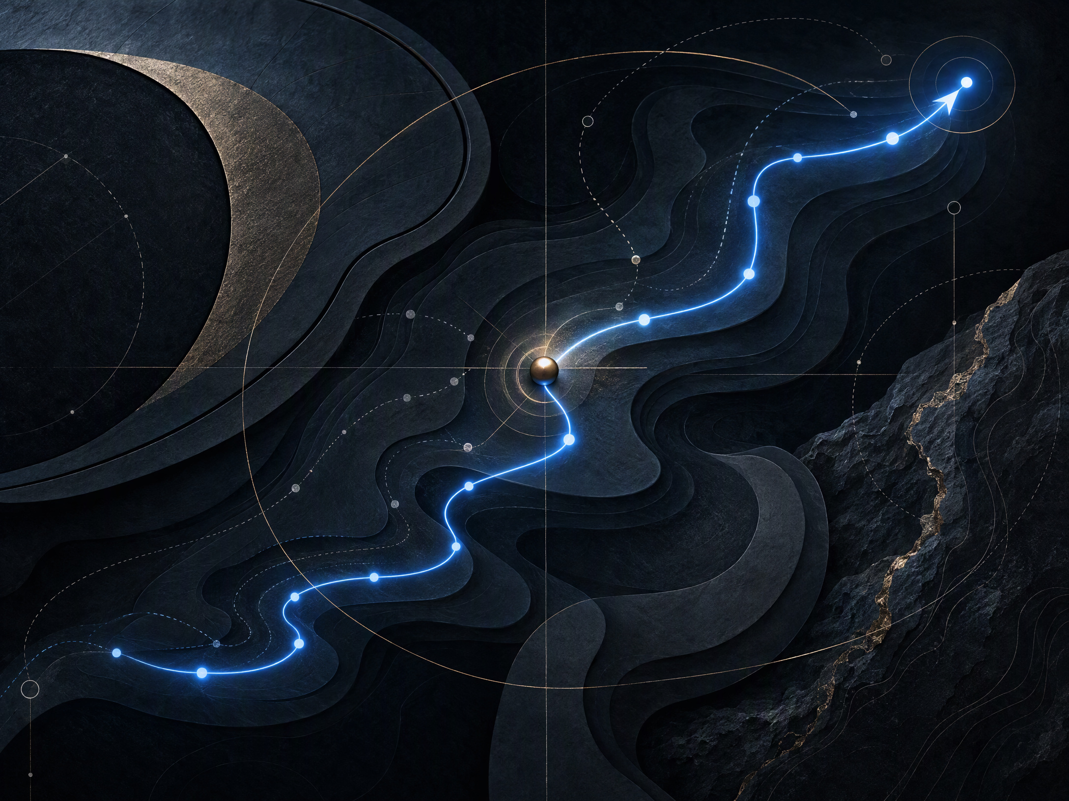 Original editorial illustration of fictional route layers and an abstract learning path; not a race circuit, vehicle, or event image.