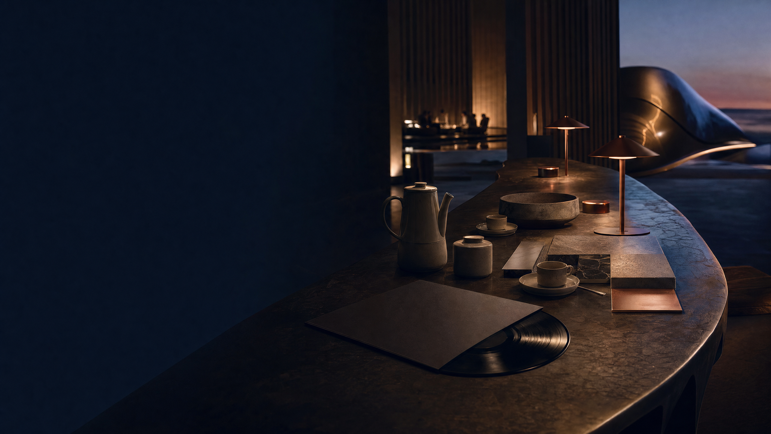 A refined unbranded hospitality setting with coffee service, warm lamps, and design details, representing cultural participation and conversation.