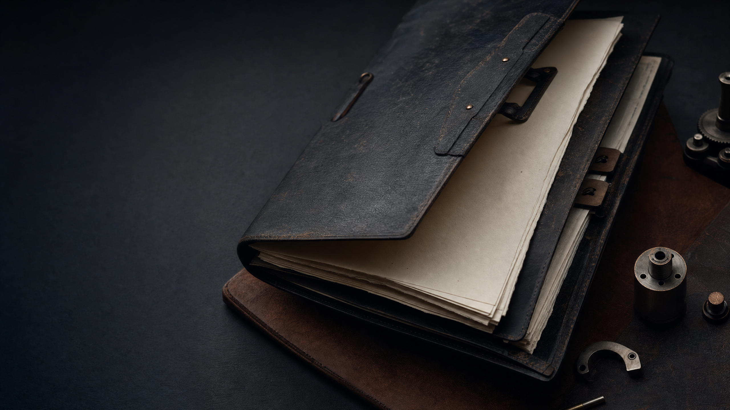 An editorial still life of archival paper, a black leather folio, and precision mechanical details representing provenance and preservation.