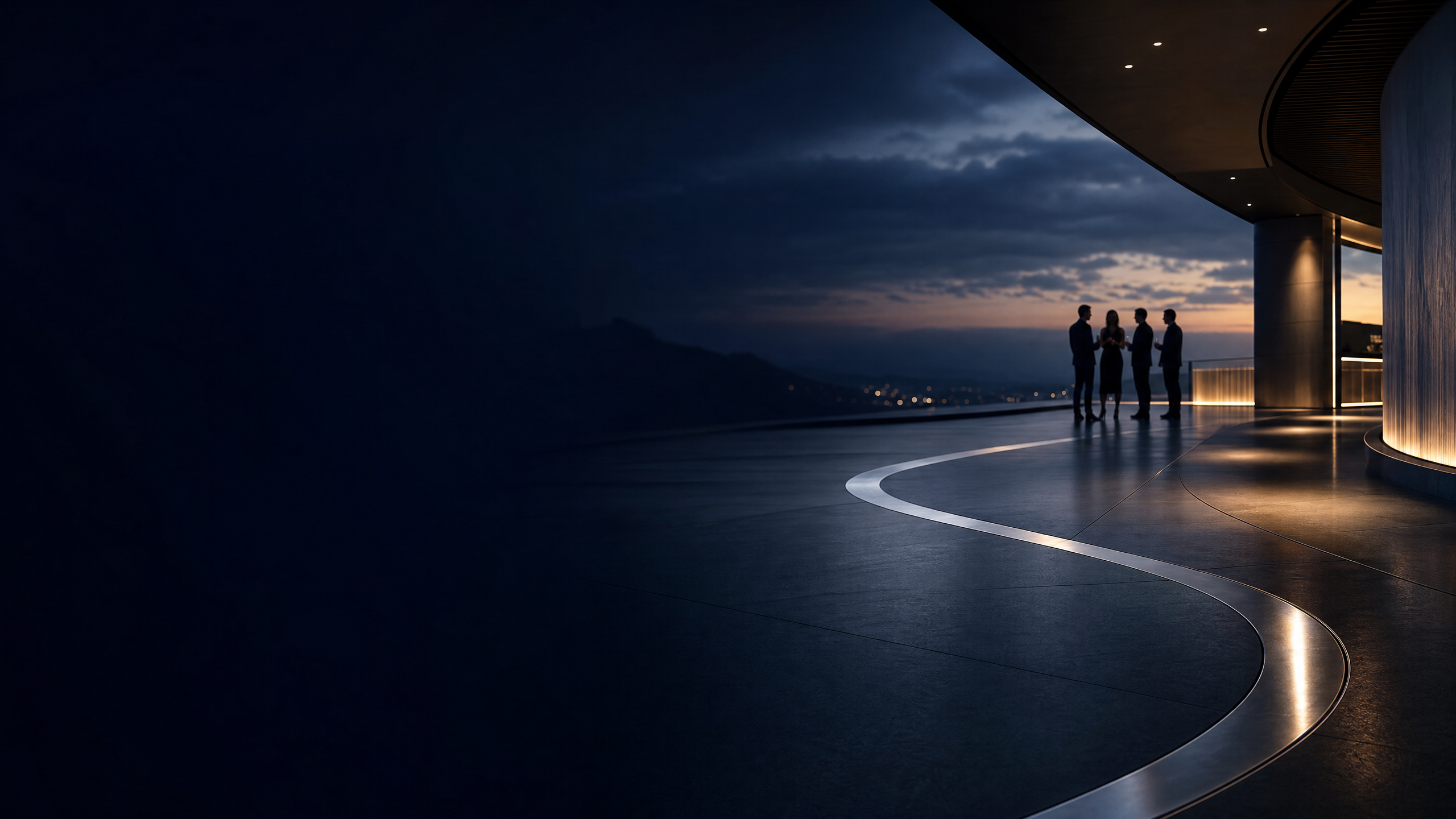 An abstract, unbranded performance environment with an architectural curve and a small group gathered in conversation.