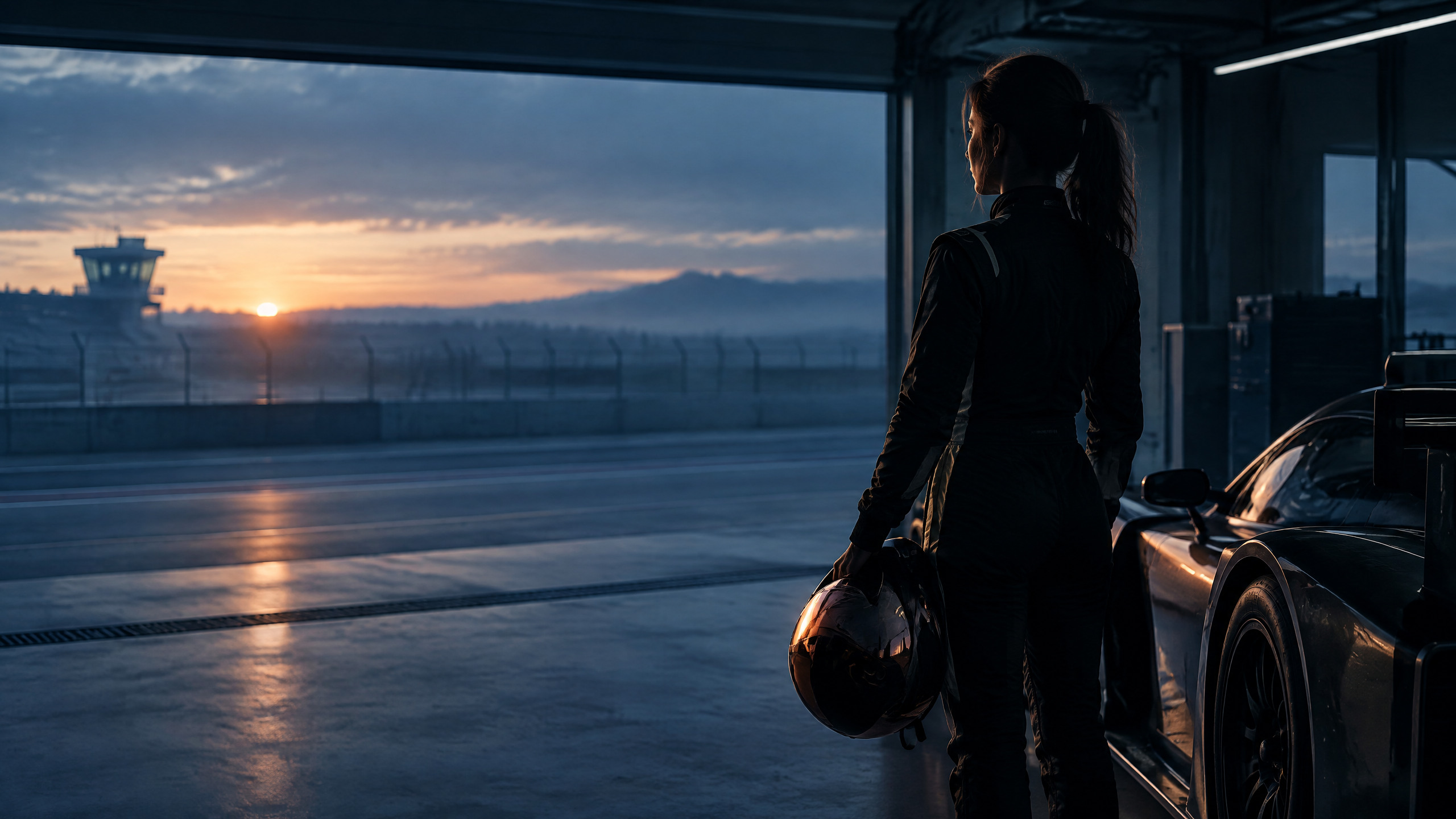 Original Fast Town editorial illustration of an anonymous adult racing driver preparing in a non-branded pit-lane garage