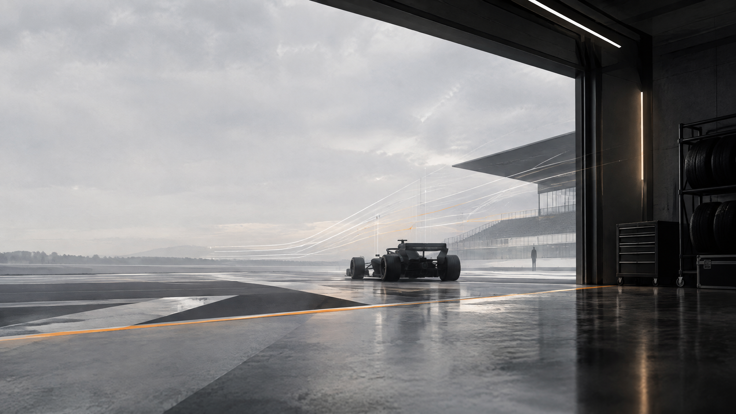 Original editorial illustration of an anonymous single-seater silhouette in a fictional garage and test-track setting.